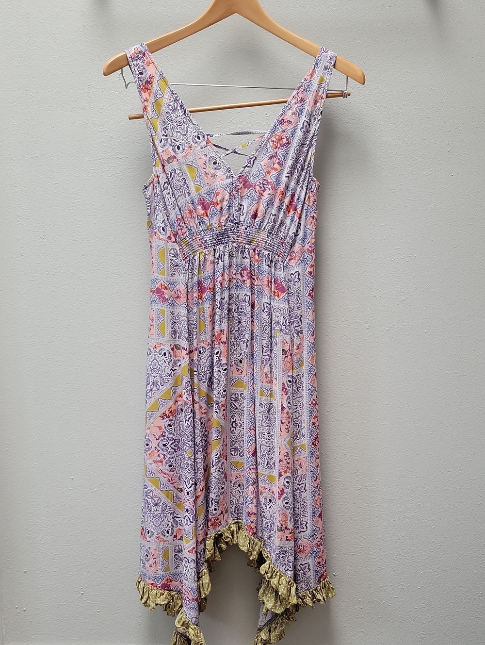 Anthropologie Asymmetrical Boho Midi Dress in Multi (yellow, pink, blue)